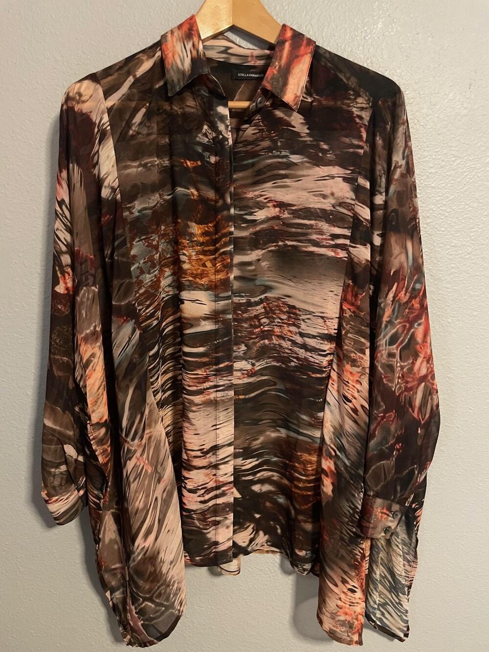 Stella Carakasi Womens Tunic XS Brown Abstract Sheer Psychedelic Lagenlook Artsy